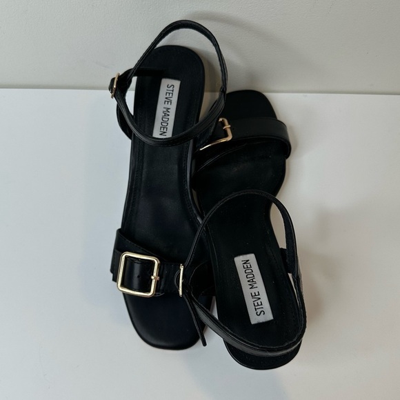 Steve Madden Black Strappy Sandals with Gold Buckle - Picture 12 of 12